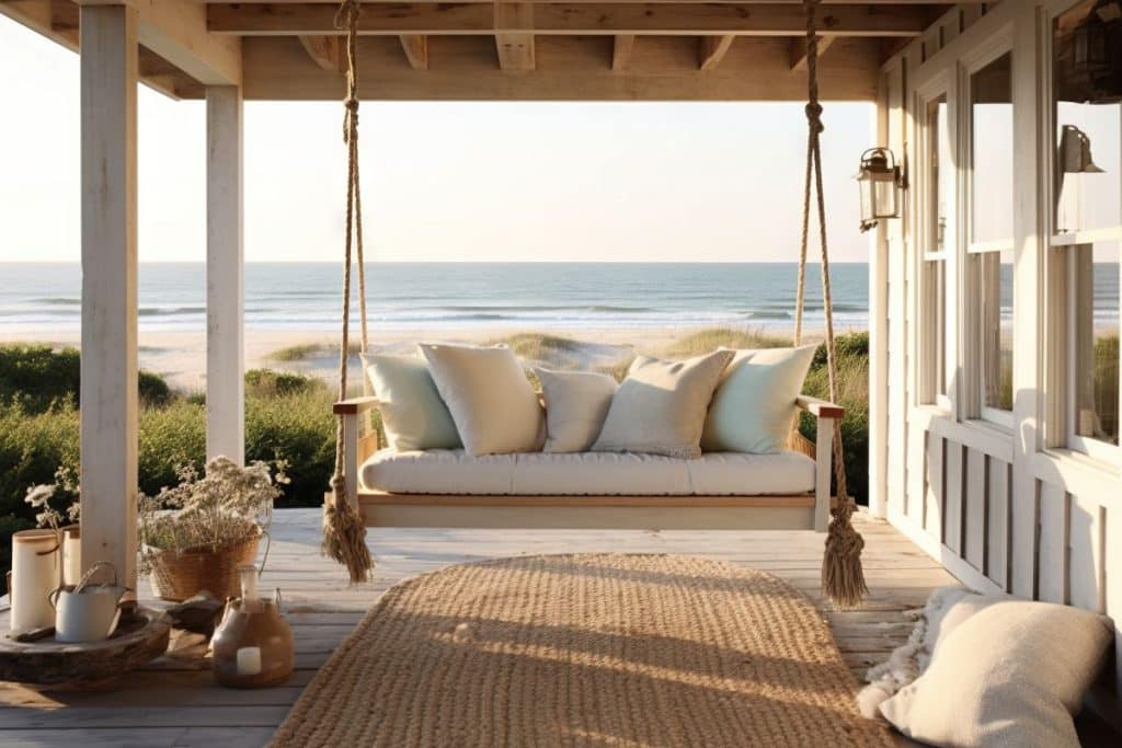 Airbnb by the ocean with lounge swing under pergola representing our airbnb listing services